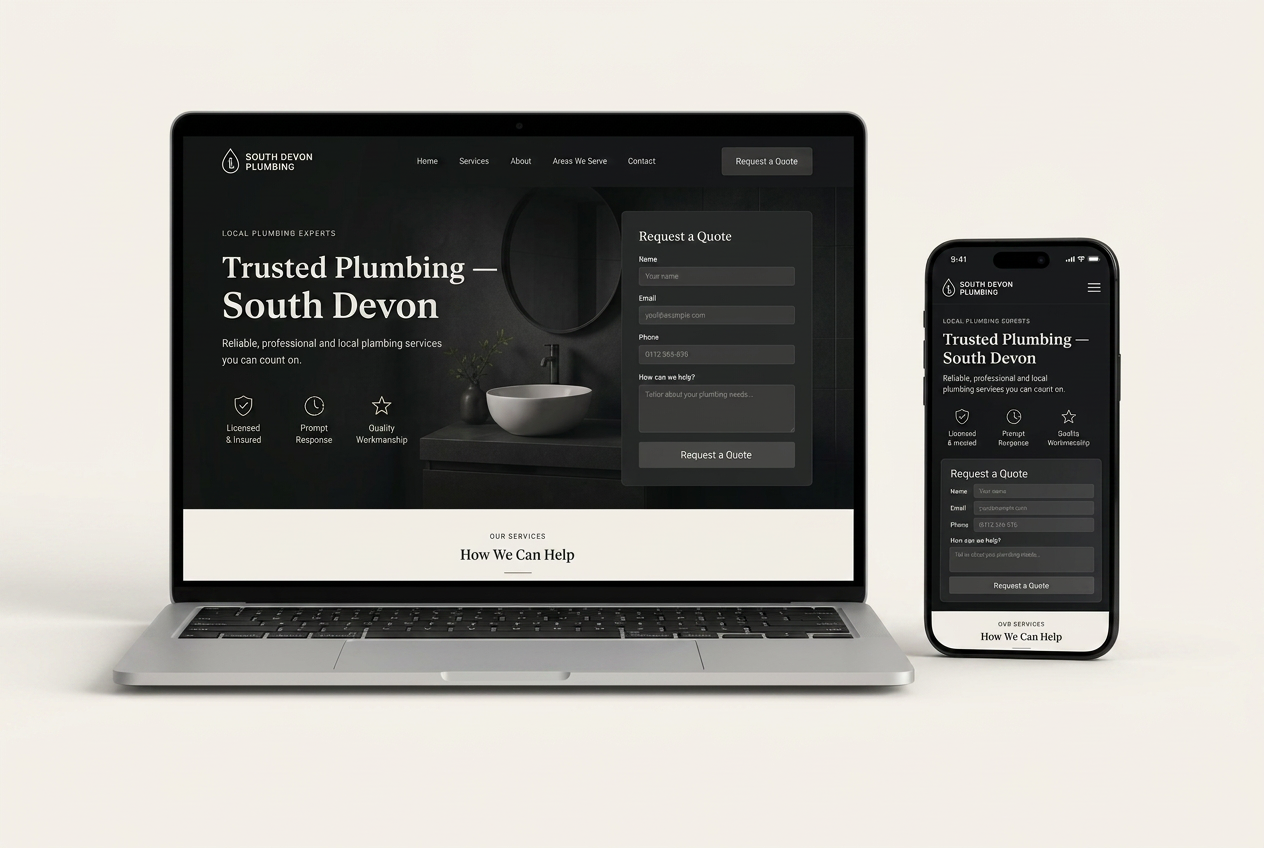 Premium dark UI website for a local plumbing business shown on a laptop and phone